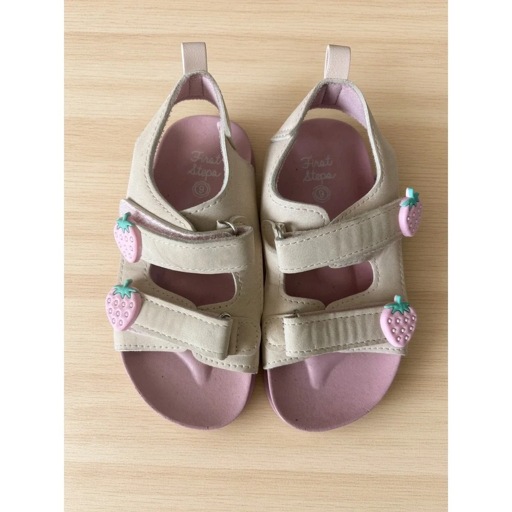 First Steps Toddler Girls Strawberry Pink Beige Sandals Size 9 Hook Loop Straps